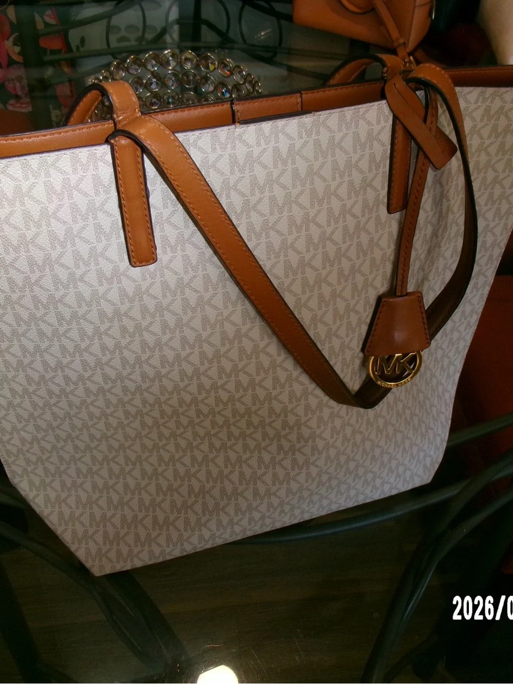 Michael Kors Cream Signature Tote with Tan Leather Trim